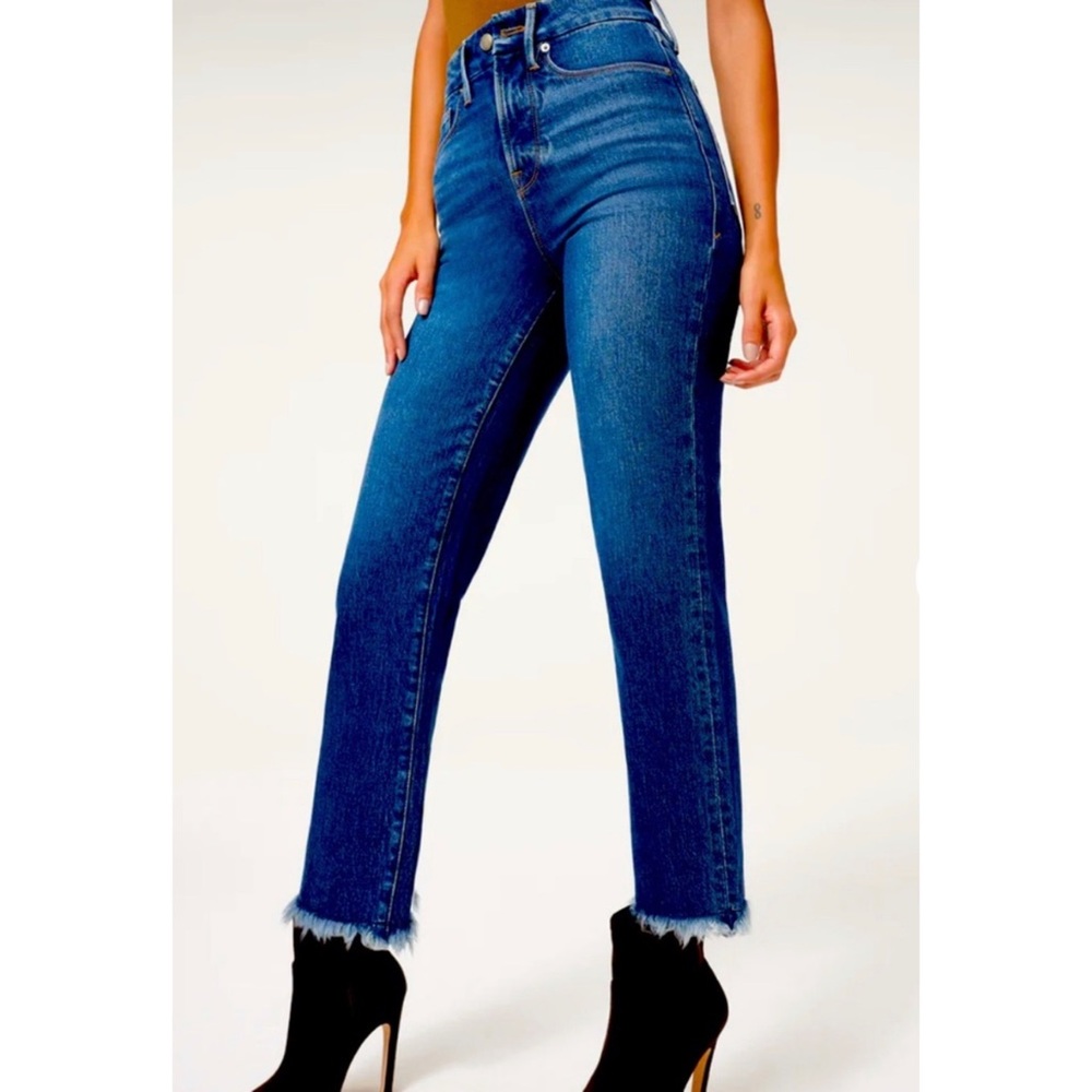 Good American Good Boy Fray Hem Jeans Blue High Rise Straight Leg Size 10 NWT
